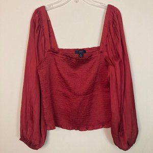 J. Crew Blouse Womens Medium M Red Square Neck Smocked Satin New Style BD635